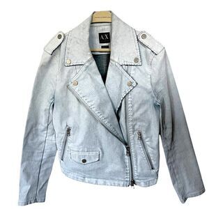 Armani Exchange Blue Full Zip White Washed Denim Cropped Moto  Jacket Size XS